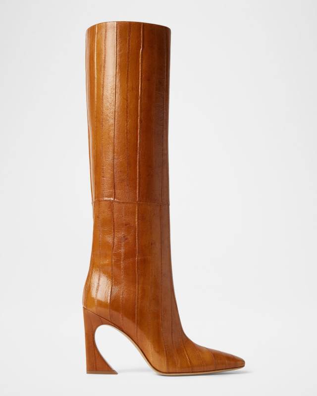 95mm Eel Leather Curved Heel Knee-High Boots